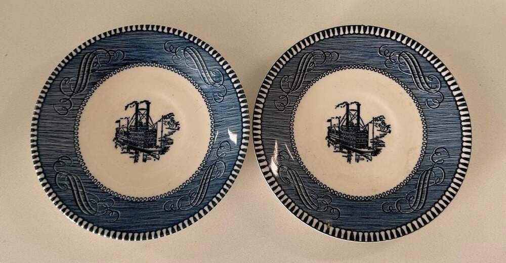 Vintage Royal China Currier and Ives Blue Steamboat Saucer Plates, Set of 2